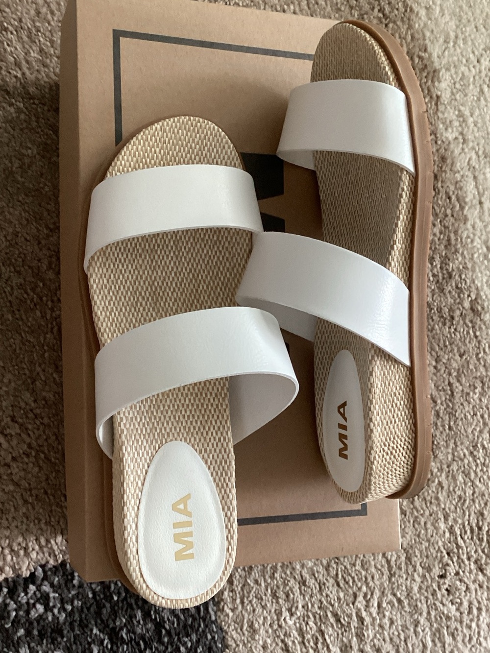 MIA White Triple-Band Slide Sandals with Natural Footbed